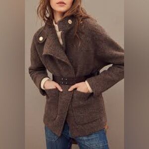 BA&SH Women's Brown Wool Coat. Made in France. Cow Leather belt.Small